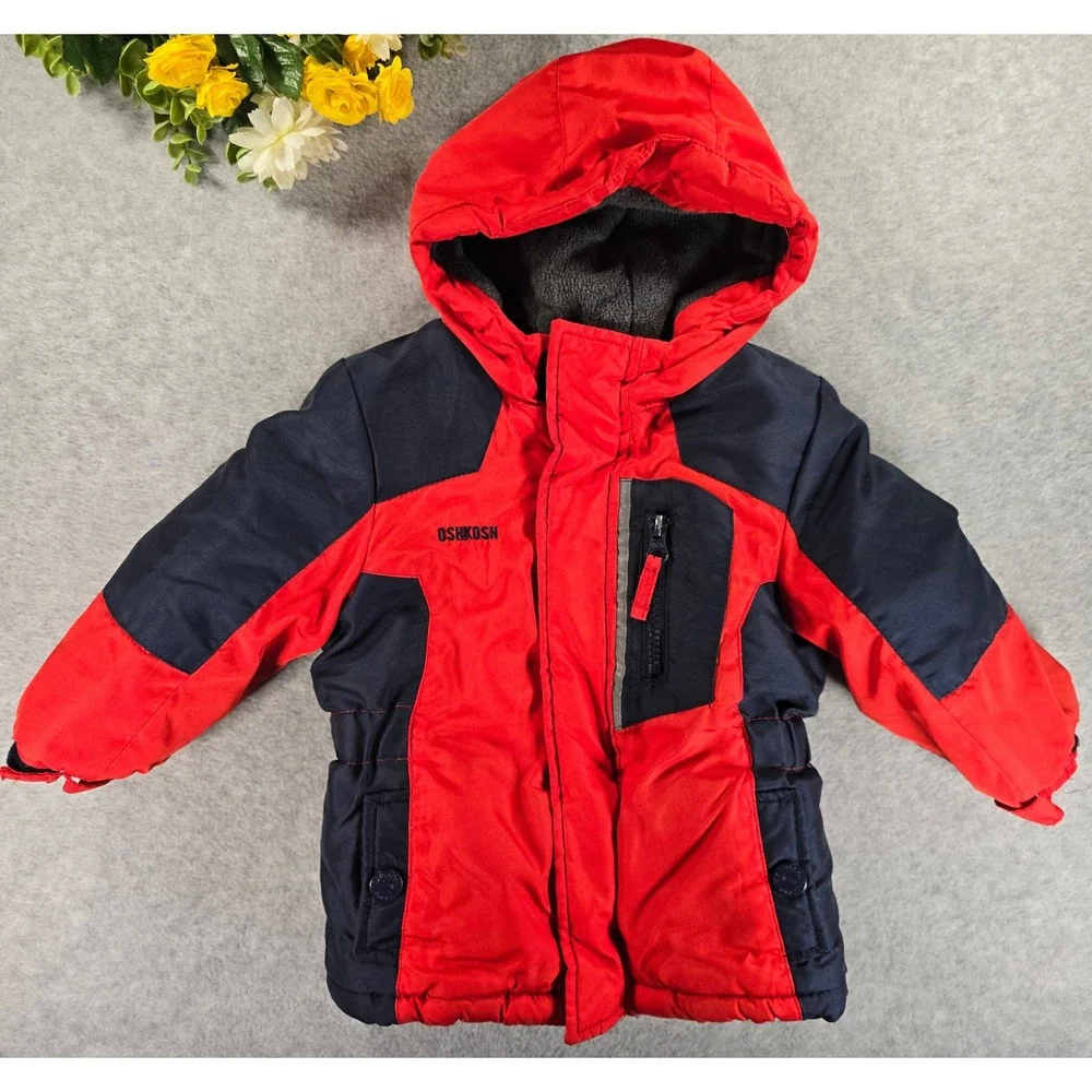 OshKosh B'gosh Toddler Boys Red Navy Colorblock Hooded Winter Puffer Jacket‎ 18M